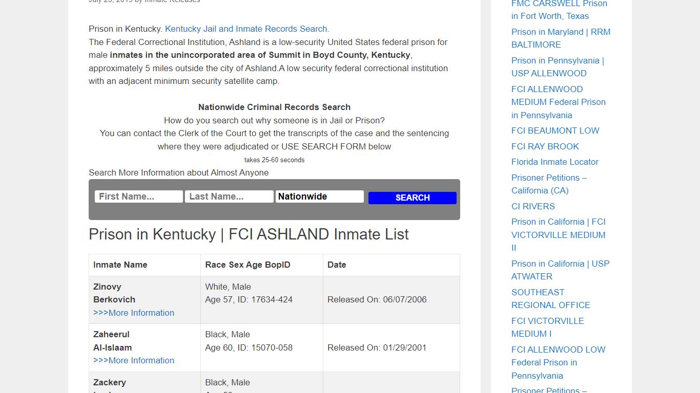 Prison in Kentucky | FCI ASHLAND – Inmate Releases